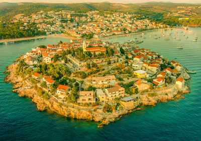 High angle view of boats in sea