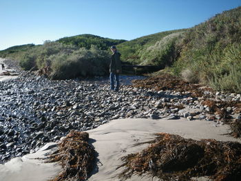 Woman walking by stones and plants against clear sky