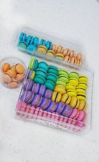 High angle view of multi colored candies on table