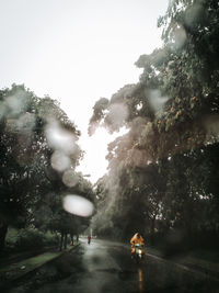 People on wet road against sky during rainy season
