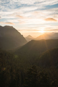 Scenic view of mountains against sky during sunset