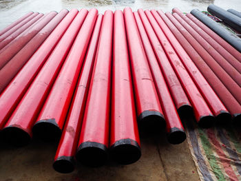 High angle view of pink pipes on table