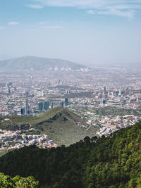 Aerial view of mountains and cityscape against sky