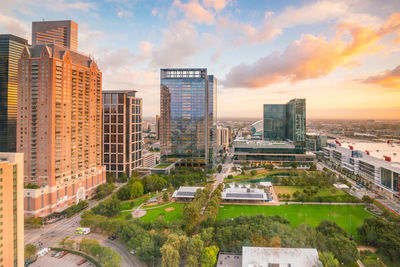 High angle view of cityscape against sky during sunset