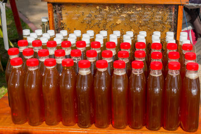 Close-up of wine bottles on table