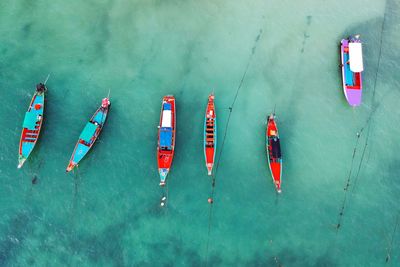 High angle view of boats moored in sea