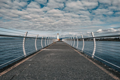 Rear view of man standing on pier by sea against sky