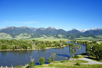 Scenic view of lake against blue sky