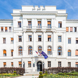 Low angle view of building against blue sky