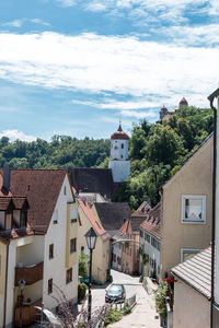 High angle view of buildings in town against sky