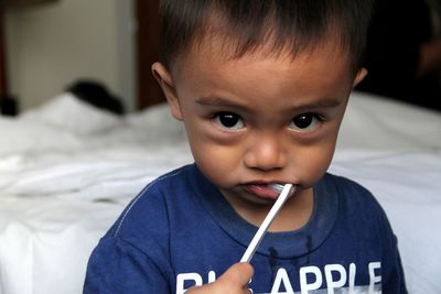 Portrait of cute boy brushing teeth