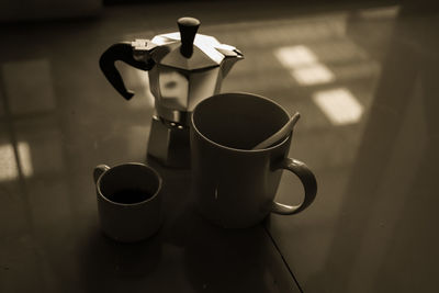 High angle view of coffee cup on table