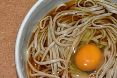 High angle view of noodles in bowl on table