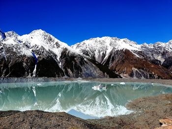 Scenic view of snowcapped mountains against clear blue sky