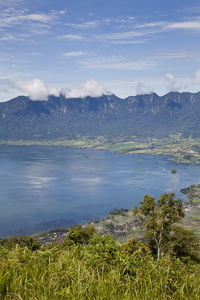 Scenic view of lake and mountains against sky