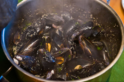 Close-up of clams cooking in pan