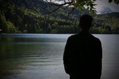 Rear view of people standing in lake