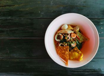 High angle view of salad in bowl on table