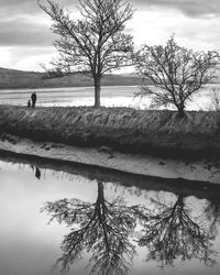 Silhouette of bare trees by lake against cloudy sky