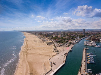 Panoramic view of rimini, its sea, its beaches and its port on the romagna riviera in post-pandemic 