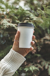 Close-up of hand holding disposable cup