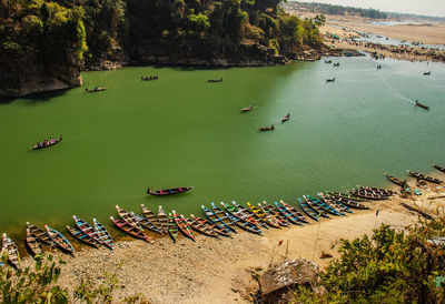 Fishing boat  many at river shore at morning from flat angle