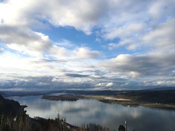 Scenic view of lake against cloudy sky