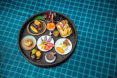 High angle view of breakfast on table