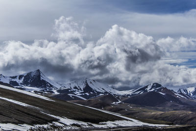 Scenic view of snow covered mountains against sky