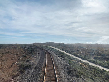 Railroad tracks on land against sky