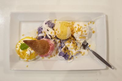 High angle view of breakfast served on table