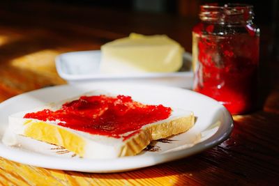 Close-up of dessert served on table