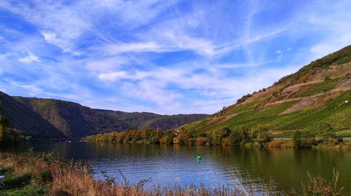 Scenic view of lake by mountains against sky