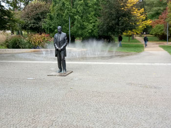 Rear view of man walking on road in city