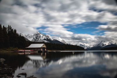 Scenic view of lake by snowcapped mountains against sky