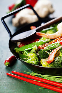 Close-up of meal served on table