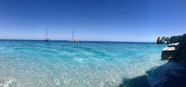 Scenic view of sea against clear blue sky