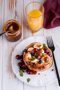 High angle view of breakfast served on table