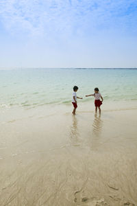 Rear view of boys on beach against sky