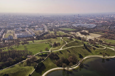 High angle view of river amidst buildings in city