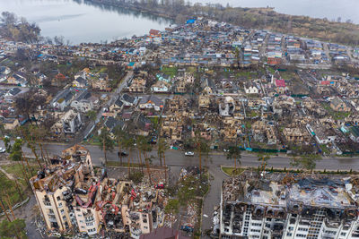 The aerial view of the destroyed and burnt buildings.