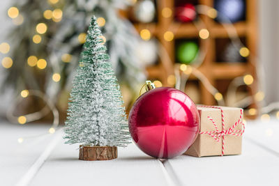 Close-up of christmas decorations on table