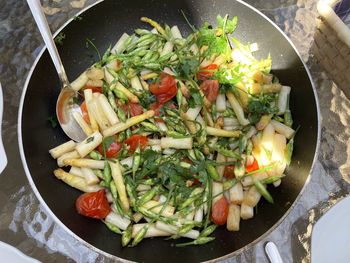 Hops sprouts , asparagus and tomatoes roasted in a pan