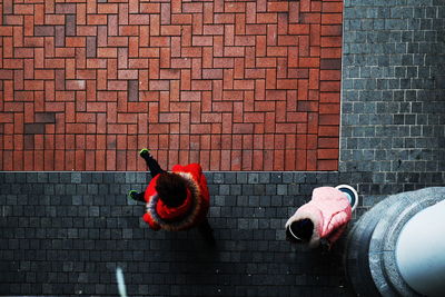 Low section of man wearing shoes on brick wall