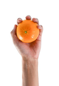 Close-up of hand holding apple against white background