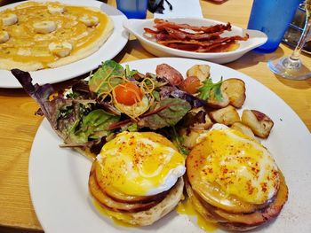 High angle view of breakfast served on table