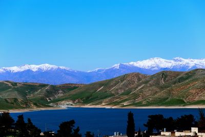 Scenic view of mountains against clear blue sky