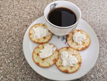 High angle view of breakfast on table