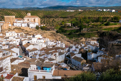 High angle view of houses in town