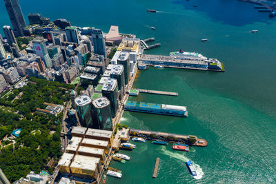 High angle view of ship moored at harbor